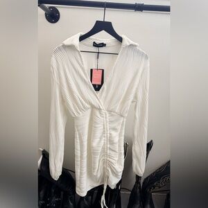 PRETTYLITTLETHING White Crinkle Ruched skirt shirt dress